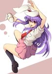  animal_ears bunny_ears cross_(crossryou) gun handgun long_hair lunatic_gun necktie open_mouth puffy_short_sleeves puffy_sleeves purple_hair red_neckwear reisen_udongein_inaba shirt short_sleeves skirt smile solo touhou very_long_hair weapon 