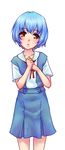  ayanami_rei blue_hair blue_skirt blush hands_together head_tilt highres looking_at_viewer monorus neon_genesis_evangelion red_eyes short_hair simple_background skirt solo white_background younger 