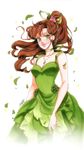  bishoujo_senshi_sailor_moon brown_hair choker dress earrings eflunn_(emilylunn) fading flower green_choker green_dress green_eyes hair_flower hair_ornament hair_ribbon highres jewelry kino_makoto leaf lipstick makeup necklace princess_jupiter ribbon signature smile solo traditional_media 