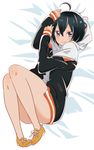  ahoge blue_eyes dakimakura green_hair hood hoodie lying momominoru no_socks shirobako shoes smile sneakers solo thighs toudou_misa 