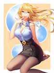  black_legwear blonde_hair blush breasts cleavage glasses jewelry large_breasts long_hair milcho open_mouth original pantyhose pendant smile solo tongue tongue_out yellow_eyes 
