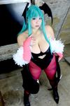  1girl aqua_hair asian bat_wings breasts capcom chouzuki_maryou cosplay female head_wings large_breasts morrigan_aensland morrigan_aensland_(cosplay) photo plump solo vampire_(game) wings 