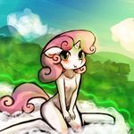  2015 anthro anthrofied blush breasts cub equine female friendship_is_magic green_eyes hair horn looking_at_viewer lumineko mammal my_little_pony nipples outside sitting small_breasts smile solo sweetie_belle_(mlp) tongue two_tone_hair unicorn young 