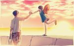  1girl admiral_(kantai_collection) bag casual chin_strap cloud deco_(geigeki_honey) hat holding_hands horizon image_sample kantai_collection miyuki_(kantai_collection) outdoors pink_sky sandals shorts sky sunset twitter_sample 