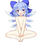  ahoge blue_eyes blue_hair blush bow cirno collarbone flat_chest hair_bow ice ice_wings looking_at_viewer mofu_mofu navel nude open_mouth smile solo touhou v_arms wings 