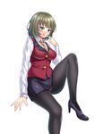  ame_isshiki blue_eyes breasts brown_hair green_eyes heterochromia idolmaster idolmaster_cinderella_girls medium_breasts mole mole_under_eye necktie panties panties_under_pantyhose pantyhose pencil_skirt royale_style_(idolmaster) short_hair skirt smile solo takagaki_kaede underwear 