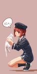  \||/ bad_id bad_pixiv_id bottomless brown_background cat clothes_writing dress full_body hat highres holding kantai_collection long_sleeves looking_at_another military military_uniform mixke open_mouth red_eyes red_hair sailor_dress sailor_hat short_hair simple_background solo speech_bubble squatting uniform white_cat z3_max_schultz_(kantai_collection) 
