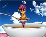  2015 bowl cloud equine female feral friendship_is_magic fur hair hi_res mammal micro my_little_pony neko-me orange_fur pegasus purple_eyes purple_hair scootaloo_(mlp) sky solo soup spoon wings young 