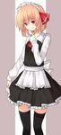  3: adapted_costume alternate_costume black_legwear blonde_hair blush curtsey dress enmaided frown hair_ribbon highres looking_at_viewer maid maid_headdress nervous red_eyes ribbon rumia sh_(562835932) shy solo thighhighs touhou zettai_ryouiki 
