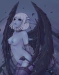  arms_behind_back black_eyes blonde_hair blue_skin breasts choker demon_girl demon_horns demon_tail elbow_gloves feathered_wings feathers gloves horns medium_breasts nipples nude original pointy_ears solo soranamae standing succubus tail thighhighs wings 