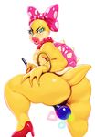 big_butt blue_eyes bow_tie bracelet breasts butt female hand_on_hip high_heels jewelry koopa koopalings lipstick looking_at_viewer mario_bros modeseven necklace nintendo nude plain_background scalie video_games voluptuous wand wendy_o_koopa 