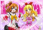  :d aikatsu! aikatsu!_(series) blonde_hair blue_eyes bokura_wa_ima_no_naka_de bow bracelet brown_hair choker company_connection crossover fingerless_gloves frills gloves hair_bow hairband hanzou holding_hands hoshimiya_ichigo jewelry kousaka_honoka long_hair love_live! love_live!_school_idol_project multiple_girls navel necklace one_side_up open_mouth pink_background pink_bow pink_skirt red_bow red_eyes red_gloves short_hair skirt smile sparkle sunrise_(company) trait_connection white_gloves yellow_bow 