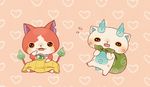  bad_id bad_pixiv_id blue_fire blush cat fangs fire full_body furoshiki haramaki heart jibanyan kanacho komasan multiple_tails no_humans notched_ear open_mouth simple_background sitting sweat tail tail-tip_fire two_tails wavy_mouth youkai youkai_watch 