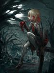  ascot black_dress blonde_hair blood blood_on_face bloody_clothes bloody_hands cross dress eating food full_moon graveyard hair_ribbon highres long_sleeves looking_at_viewer meat moon night red_eyes ribbon rumia shirt short_hair sitting sky solo spark621 touhou 
