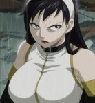  1girl angry black_eyes black_hair breasts fairy_tail hairband highres large_breasts lips lipstick long_hair makeup rain red_lipstick screencap stitched ultear_milkovich 
