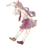  animal_ears bunny_ears full_body jpeg_artifacts kneehighs lavender_hair long_hair long_sleeves necktie open_mouth profile red_eyes red_neckwear reisen_udongein_inaba shirt shoes simple_background skirt solo touhou white_background white_legwear yujup 