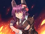  angry beni_(bluebluesky) blood breasts gloves glowing headgear highres injury kantai_collection large_breasts purple_hair red_eyes scar school_uniform short_hair solo tenryuu_(kantai_collection) torn_clothes yellow_eyes 