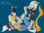  anthro bradley_the_blue_fox_(character) fan_character feet friends happy invalid_tag johnsergal johnsergal_(character) kemono licking male pads piercing saliva sergal soft tongue tongue_out 