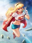  absurdres blonde_hair blue_eyes blue_skirt boots cape collarbone crop_top cross-laced_footwear dc_comics flying full_body gloves hairband highres kara_zor-el kryptonian lace-up_boots looking_at_viewer midriff miniskirt navel parted_lips red_boots red_cape red_shoes reiq rock rocks s_shield shirt short_sleeves skirt sky smile solo space supergirl superman_(series) v white_gloves 
