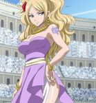  bare_shoulders blonde_hair blue_eyes breasts cleavage earrings fairy_tail flower hair_flower hair_ornament jenny_realight jewelry large_breasts long_hair necklace screencap standing stitched tattoo 
