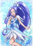  :d blue blue_background blue_bow blue_eyes blue_hair bow bracelet crystal_earrings cure_diamond curly_hair dokidoki!_precure earrings hanzou hishikawa_rikka jewelry long_hair magical_girl open_mouth ponytail precure skirt smile solo sparkle very_long_hair white_skirt 