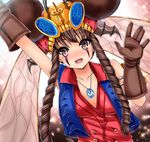  bad_id bad_pixiv_id blush brown_eyes brown_gloves brown_hair crayon_(medium) drill_hair facial_tattoo furaibijo gloves hat insect_wings inu_(marukome) jewelry long_hair marker_(medium) necklace ninpuu_sentai_hurricanger open_clothes open_mouth open_vest shirt sleeveless sleeveless_shirt smile solo super_sentai tattoo traditional_media twin_drills upper_body very_long_hair vest wings 