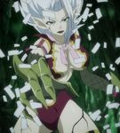  blue_eyes breasts claws cleavage crack demon demon_girl demon_tail elf fairy_tail female highres large_breasts lips lipstick long_hair makeup midriff mirajane mirajane_strauss pointy_ears red_lipstick ribbon scales scarf screencap silver_hair solo stitched tail thighhighs white_hair 