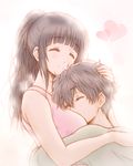  1girl between_breasts black_hair bluez breast_smother breasts chitanda_eru closed_eyes couple head_between_breasts heart heart_background hetero hug hyouka long_hair medium_breasts oreki_houtarou ponytail short_hair smile 