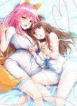  2girls :d :o animal_ears bare_shoulders barefoot bed_sheet bikini_bottom blue_panties blue_ribbon breasts brown_eyes brown_hair cleavage eyebrows_visible_through_hair fang fate/extella fate/extra fate_(series) fox_ears fox_tail hair_ribbon heart heart_of_string kishinami_hakuno_(female) kurikara large_breasts lingerie long_hair looking_at_viewer lying multiple_girls navel negligee ok_sign on_side open_mouth panties parted_lips pink_hair ribbon see-through smile tail tamamo_(fate)_(all) tamamo_no_mae_(fate) underwear yellow_eyes 