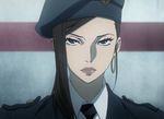  belt beret breasts brown_eyes brown_hair buttons deadman_wonderland earrings eyelashes hat highres jewelry lips lipstick long_hair makeup makina_(deadman_wonderland) military military_uniform necktie uniform 