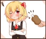  black_border blonde_hair border bow commentary_request crossed_arms drooling hair_bow koji_(kohei66) long_sleeves one_eye_closed red_bow red_eyes rumia short_hair squiggle sweat touhou 