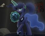  2015 armor bed bedroom equine female friendship_is_magic hair hat helmet horn looking_at_viewer looking_back magic mammal my_little_pony ncmares open_mouth pillow plushie ponytail poster princess_luna_(mlp) teal_eyes winged_unicorn wings 