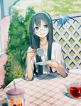  banned_artist bird black_hair blouse blue_eyes casual cup earrings eyelashes fence glasses hairband holding holding_cup jewelry kantai_collection long_hair long_sleeves looking_away necklace ooyodo_(kantai_collection) open_mouth outdoors plaid plant saucer sayori_(oskn) semi-rimless_eyewear smile table tablecloth tea teacup teapot white_blouse 
