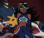  1girl absurdres blush cutout dark_background dark_skin fangs fins goddamnpancakes goggles heart highres izumi_(pokemon) izumi_(pokemon)_(remake) legs_crossed looking_at_viewer mega_pokemon mega_sharpedo midriff petting pokemon pokemon_(game) pokemon_oras sharpedo sitting spikes team_aqua two-tone_hair underboob 