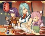  blue_hair bowl_stack chopsticks eating fire_emblem fire_emblem:_akatsuki_no_megami fire_emblem:_souen_no_kiseki food gloves hairband heart ilyana lantern long_hair lucia_(fire_emblem) multiple_girls nonji_(sayglo_halo) noodles paper_lantern pink_hair purple_hair spoken_heart wayu_(fire_emblem) white_hairband 