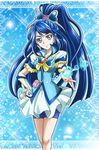  bike_shorts blue blue_background blue_eyes blue_hair blue_shorts brooch butterfly_hair_ornament cure_aqua earrings eyebrows frills hair_ornament hanzou hydrokinesis jewelry long_hair magical_girl minazuki_karen ponytail precure shorts shorts_under_skirt skirt smile solo sparkle thick_eyebrows water white_skirt wide_ponytail wrist_cuffs yes!_precure_5 yes!_precure_5_gogo! 