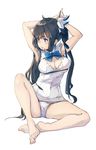  armpits bare_legs bare_shoulders barefoot black_hair blue_eyes blue_ribbon blush breasts cleavage cleavage_cutout dress dungeon_ni_deai_wo_motomeru_no_wa_machigatteiru_darou_ka feet full_body hair_ribbon hestia_(danmachi) highres long_hair medium_breasts nuko-d rei_no_himo ribbon simple_background sitting sleeveless sleeveless_dress solo twintails white_background wiggling_toes 