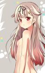 :t back blonde_hair blush breasts hair_flaps hair_ribbon highres kantai_collection long_hair nipples nude pini pout red_eyes remodel_(kantai_collection) ribbon small_breasts solo standing upper_body yuudachi_(kantai_collection) 