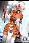  absurdres bad_revision bare_shoulders breasts cleavage dark_elf dark_skin detached_sleeves downscaled_revision elf hair_over_one_eye highres huge_breasts md5_mismatch navel one_eye_covered pink_eyes pixiv_fantasia pixiv_fantasia_t pointy_ears revealing_clothes silver_hair skindentation smile solo souma_(ordures) tattoo thighhighs white_legwear wide_sleeves 