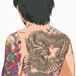  back_tattoo bad_id bad_pixiv_id banned_artist black_hair from_behind highres irezumi male_focus original self-portrait shin'en-san shin'en_(gyokuro_company) solo tattoo 