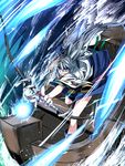  blue_eyes bow_(weapon) hat highres japanese_clothes kakao_(noise-111) kariginu long_hair mononobe_no_futo ponytail ship silver_hair solo spell_card tate_eboshi touhou watercraft weapon 