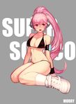  alternate_hairstyle bad_id bad_pixiv_id bikini blush breasts cleavage digital_media_player headphones large_breasts long_hair na_in-sung navel nitroplus open_mouth pink_hair ponytail red_eyes shoes sitting solo super_sonico swimsuit very_long_hair wariza 