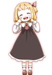  :d ^_^ black_dress blonde_hair bow chibi closed_eyes dress facing_viewer hair_bow long_sleeves open_mouth pointing pointing_at_self red_bow roco_(katsuya1011) rumia short_hair simple_background smile solo touhou white_background 