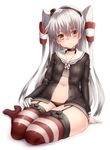  amatsukaze_(kantai_collection) black_panties blush brown_dress brown_eyes buttons choker dress garter_straps gloves hair_tubes high_heels highres kantai_collection keita_(tundereyuina) lifebuoy long_hair long_sleeves open_clothes open_dress panties red_legwear sailor_collar sailor_dress short_dress silver_hair simple_background single_glove sitting solo striped striped_legwear thick_thighs thighhighs thighs two_side_up underwear white_background white_gloves windsock yokozuwari 