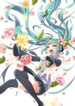  absurdres aqua_hair closed_eyes detached_sleeves flower hatsune_miku headset highres kozakura_(dictionary) long_hair necktie open_mouth petals skirt solo thighhighs twintails very_long_hair vocaloid white_background 