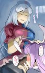  animal_ears blush breasts bunny_ears closed_eyes ear_pull fellatio futa_with_female futanari hand_on_another's_head hat highres large_breasts multiple_girls nurse_cap open_mouth oral penis purple_hair reisen_udongein_inaba silver_hair sinzan smile touhou translated yagokoro_eirin 