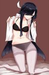  black_bra black_hair black_panties blush bra breasts brown_eyes closed_mouth crotch_seam hair_over_one_eye hair_ribbon hayashimo_(kantai_collection) kantai_collection kneeling long_hair looking_at_viewer medium_breasts on_bed open_clothes open_shirt panties panties_under_pantyhose pantyhose poco_(backboa) ribbon shirt smile solo thighband_pantyhose underwear undressing very_long_hair 