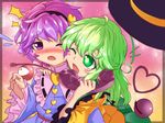  2girls bad_id bad_pixiv_id blouse blush blush_stickers border flying_sweatdrops frilled_sleeves frills gradient gradient_background green_eyes green_hair hand_on_another's_shoulder hat hat_removed headwear_removed heart komeiji_koishi komeiji_satori lavender_hair light_particles long_sleeves looking_at_another multiple_girls nomayo one_eye_closed open_mouth phone purple_eyes short_hair siblings sisters skirt surprised third_eye touhou urban_legend_in_limbo wide_sleeves 