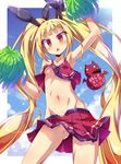  armpits blazblue blonde_hair blush breasts cheerleader gii long_hair looking_at_viewer midriff navel no_panties pom_poms rachel_alucard red_eyes ribs skirt small_breasts solo toraishi_666 twintails underboob upskirt 