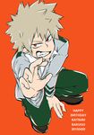  2015 bad_id bad_pixiv_id bakugou_katsuki blonde_hair boku_no_hero_academia character_name chromatic_aberration dated from_above green_pants grin happy_birthday long_sleeves male_focus meola necktie orange_background orange_eyes pants school_uniform simple_background smile solo squatting u.a._school_uniform 